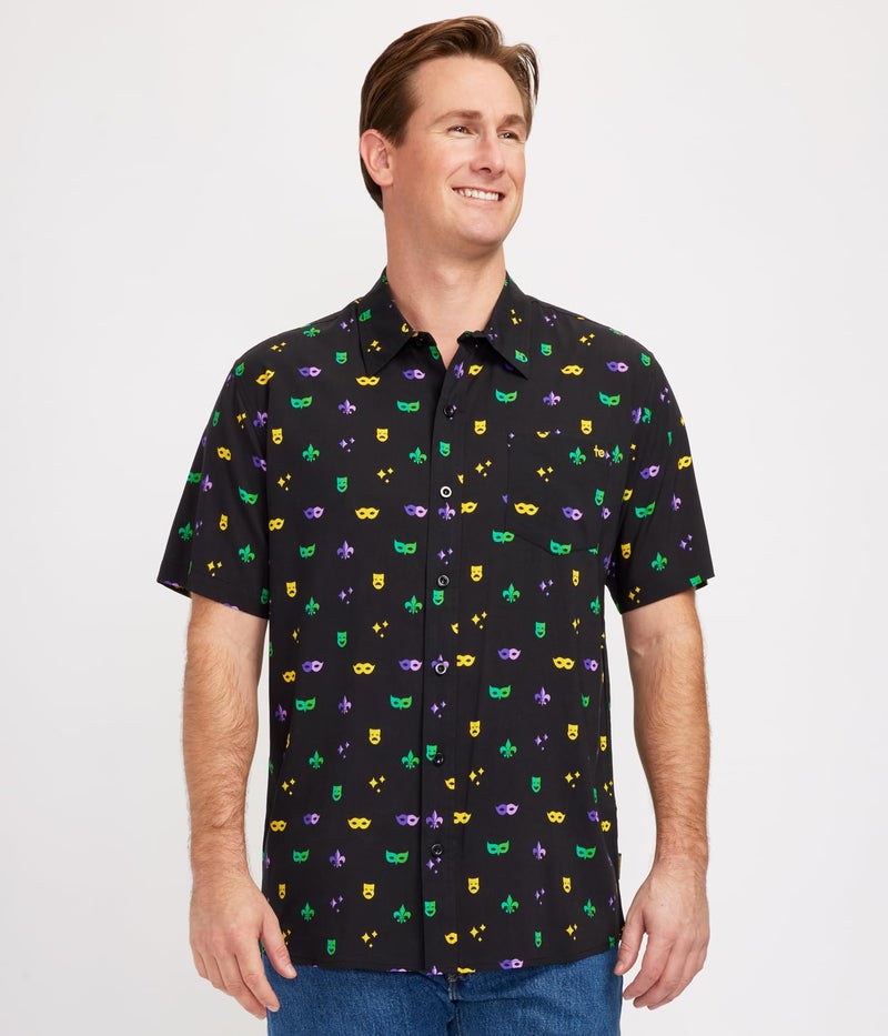 Tipsy Elves Button Down Shirts for Men - Valentineâ€™s Day, Mardi Gras and St Patrickâ€™s Day Menâ€™s Button Ups - Black Masquerade Mardi Gras Short Sleeve Hawaiian - Size Large - Image 2